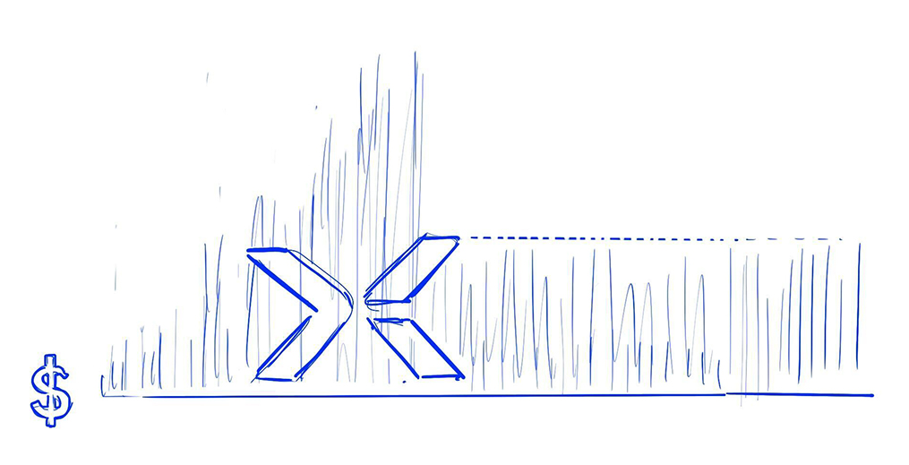A blue and white sketch of the Elexity logo overlaid on a graph 